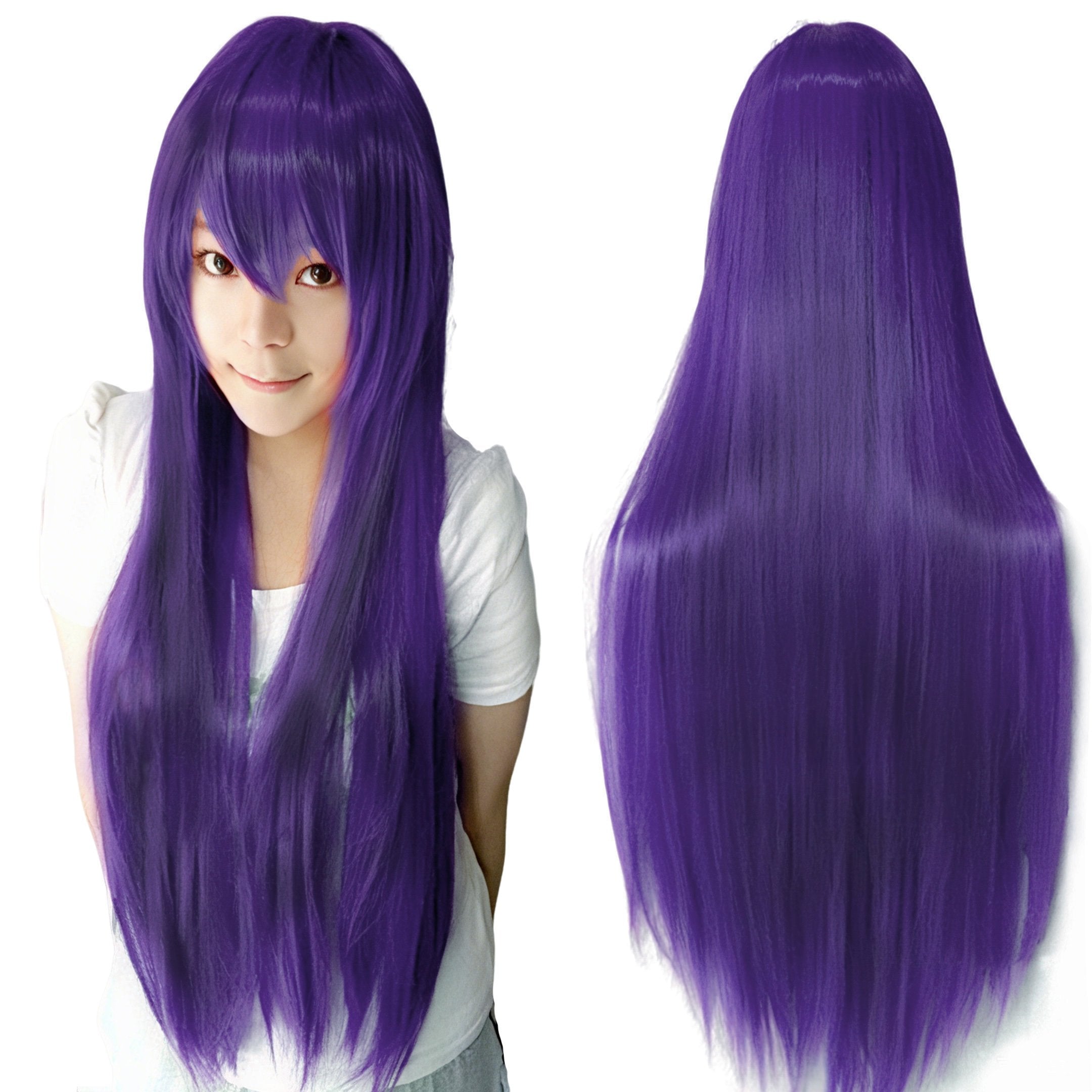 80cm Straight Synthetic Cosplay Wig White Purple Green Silver Pink Lolita Hairpiece with Bangs Long