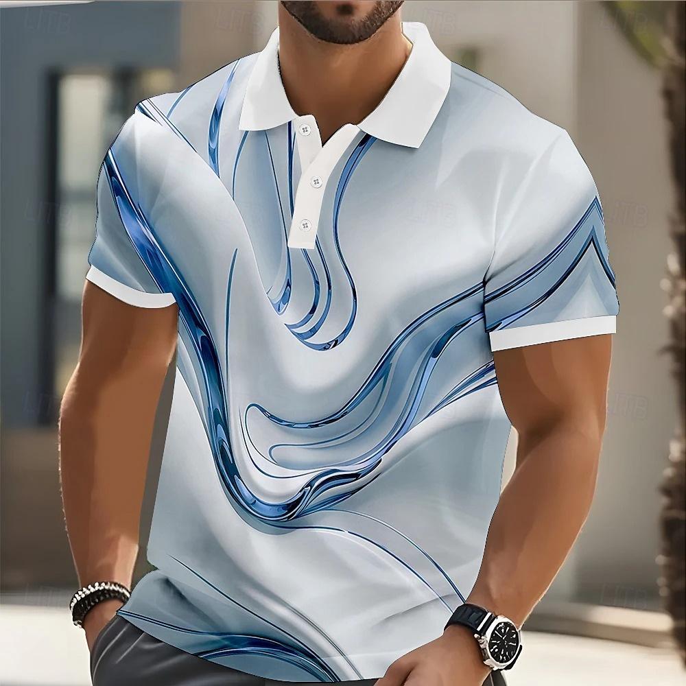 Mens Abstract Geometric Polo Short Sleeve Shirts Lapel Business Casual Athleisure Daily Wear 3D