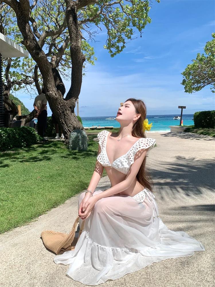 HG 2026 Hollow out Lace Bikini Set with Chiffon Long Skirt High Waist Slimming Summer Vaion Hot