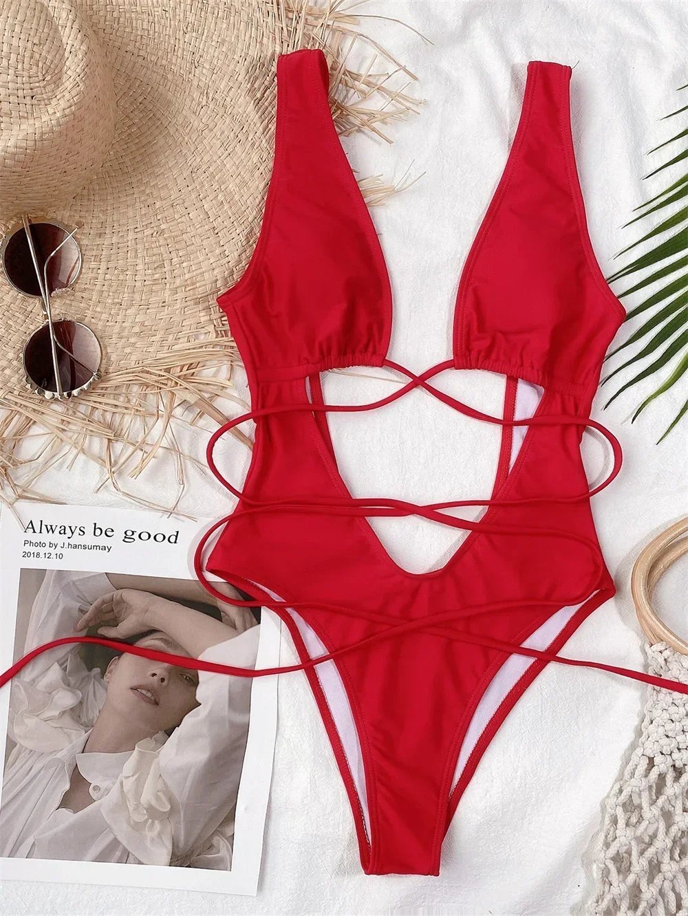 Sexy Red Swimsuit Micro String Bikini Hollow Out Backless Monokini Women One-Piece Vacation