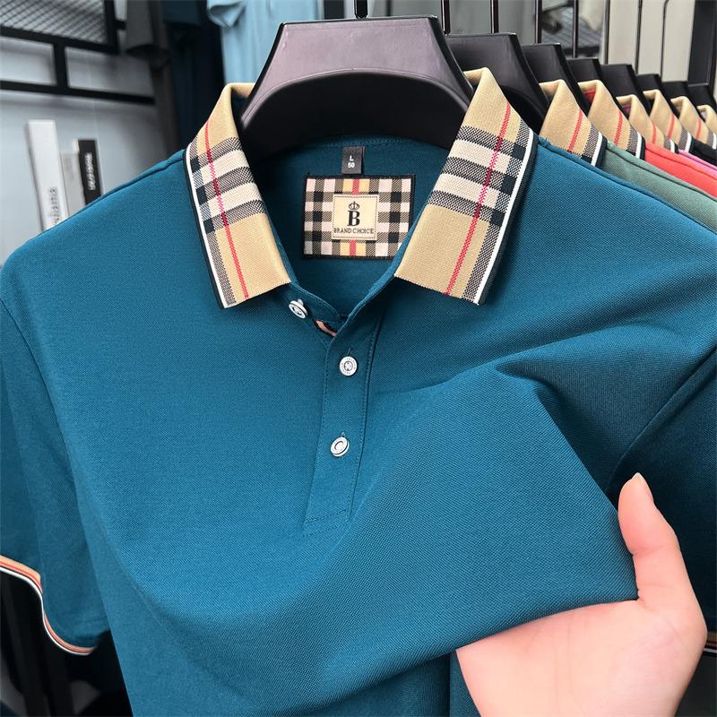 Fashion brand luxury short sleeve polo shirt men summer quality silky cotton breathable business