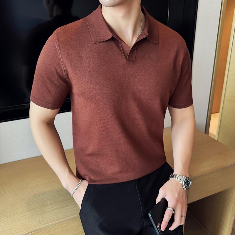 High Elasticity Knitted Men Polo Shirt Short Sleeved 2026 Summer New Ice Silk Light Thin Solid