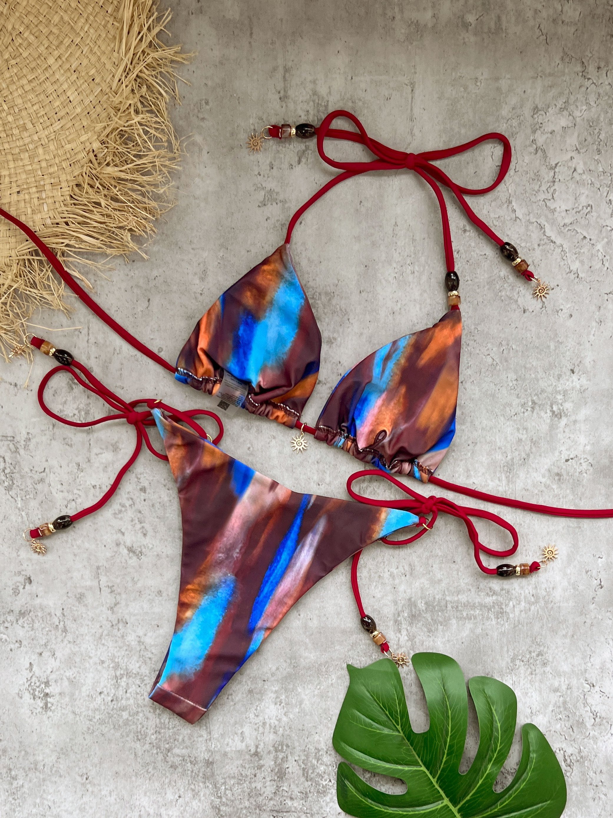 Sexy Beads Decorated Lace-up Bikini Women's Swimsuit Fashion Lady Low Waist Biquini Swimwear Mujer