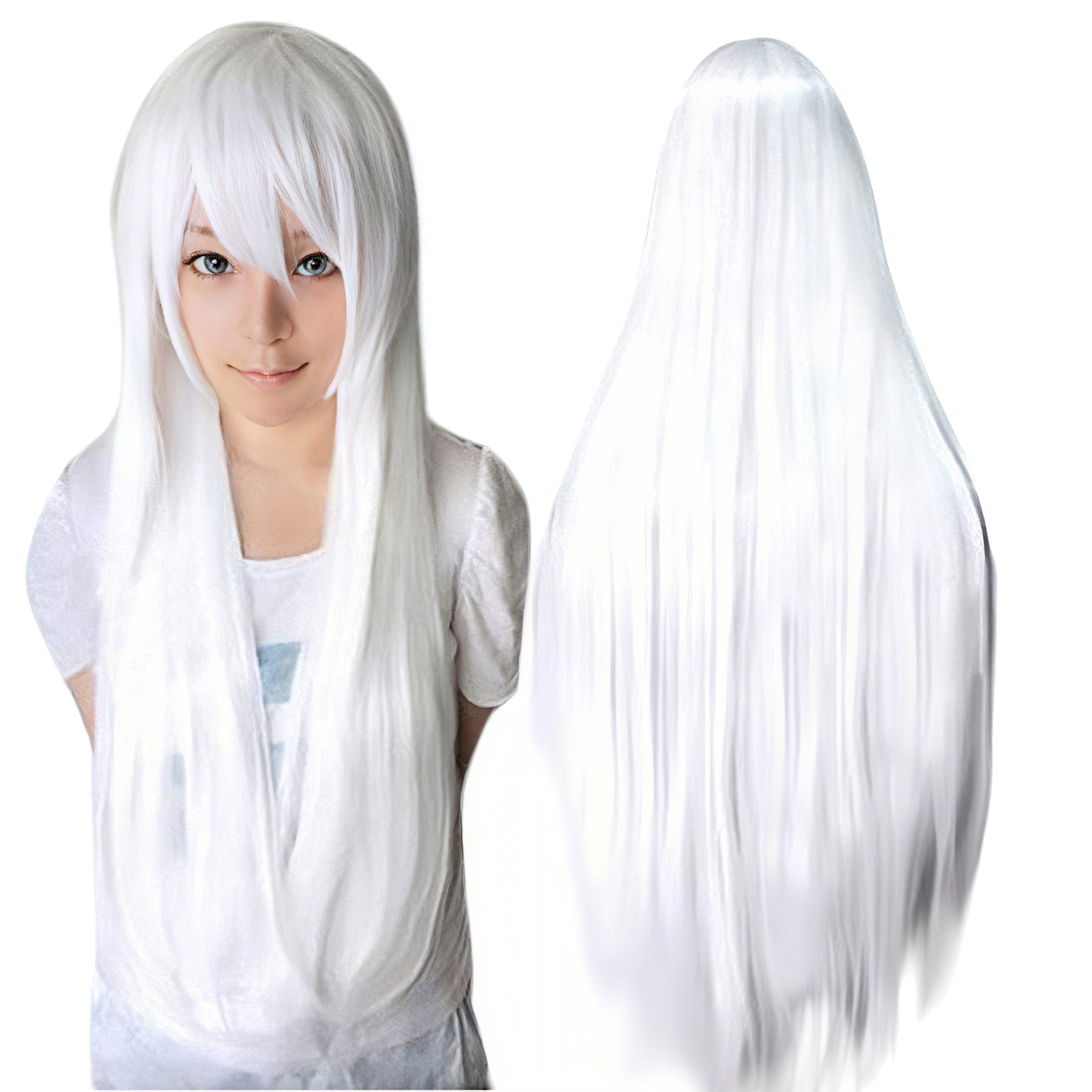80cm Straight Synthetic Cosplay Wig White Purple Green Silver Pink Lolita Hairpiece with Bangs Long