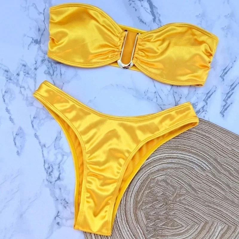 Sexy U Shaped Bandeau Bikinis Sets Mujer Strapless Swimwear Women Gold Swimsuit Bathing Suit