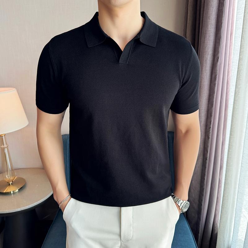 High Elasticity Knitted Men Polo Shirt Short Sleeved 2026 Summer New Ice Silk Light Thin Solid