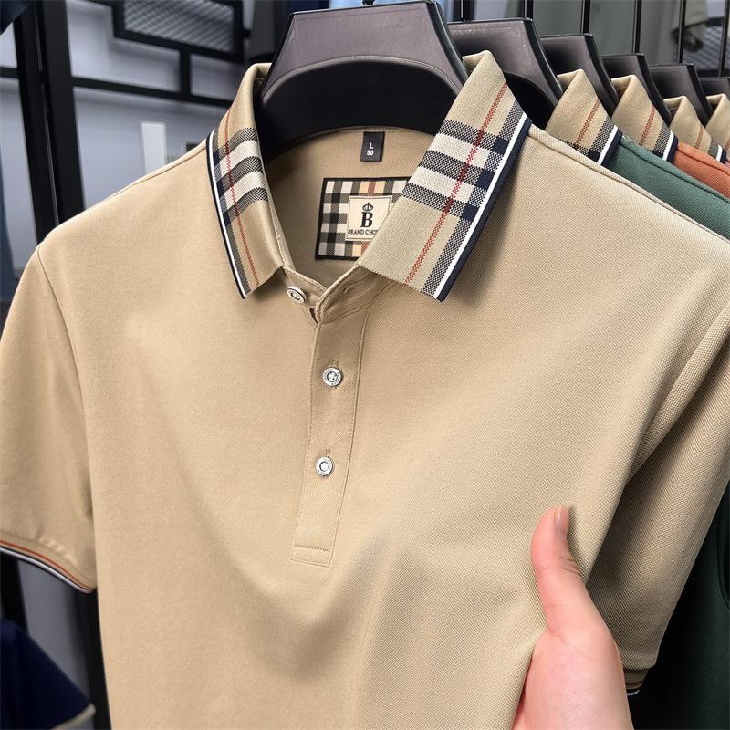 Fashion brand luxury short sleeve polo shirt men summer quality silky cotton breathable business