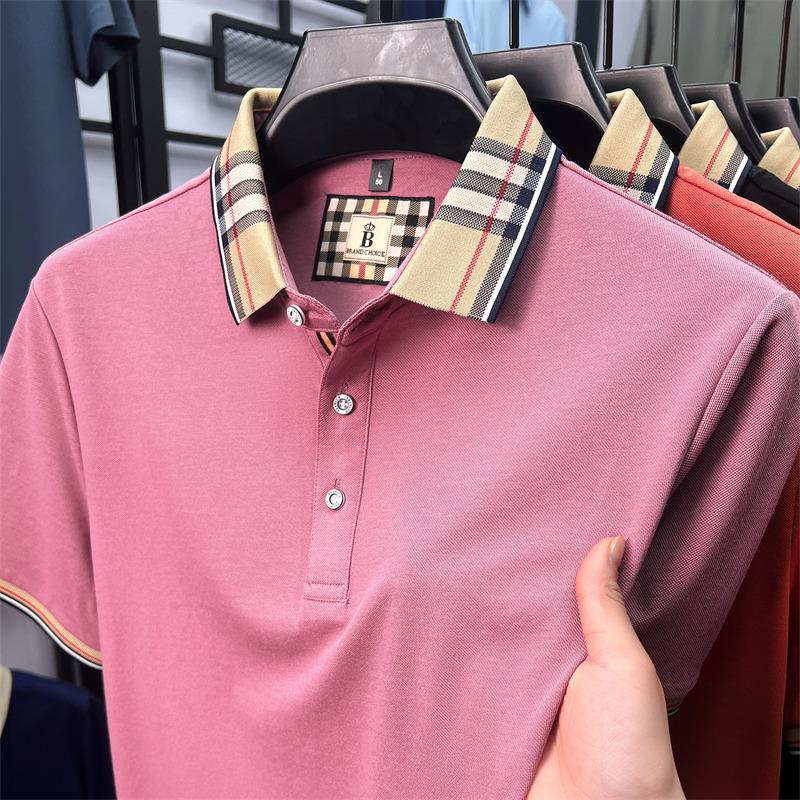 Fashion brand luxury short sleeve polo shirt men summer quality silky cotton breathable business