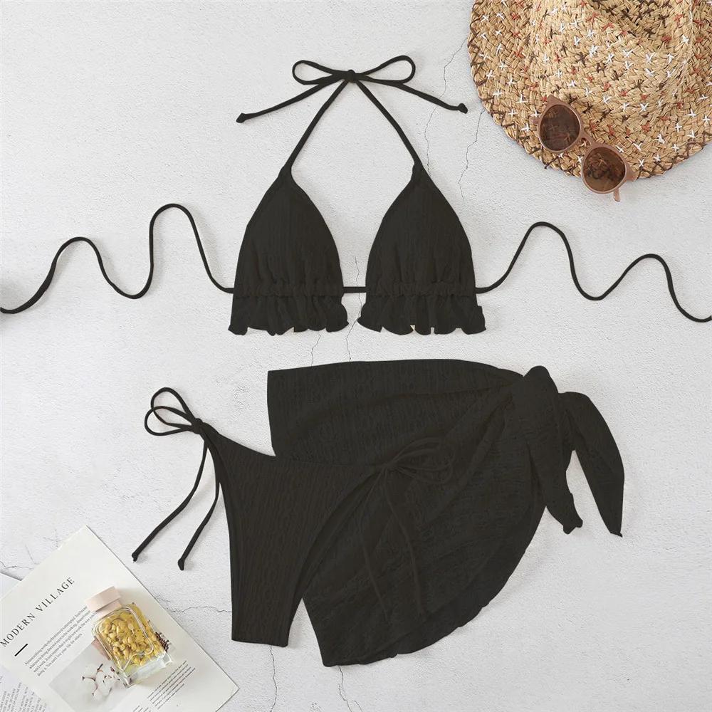 Halter String Triangle 3 Piece Bikini Set Beige Lace Mesh Sexy Swimsuit Women 2026 Cover Up Swimwear