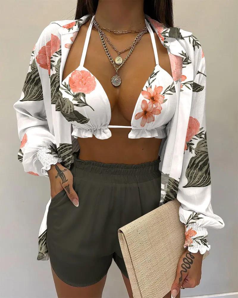 2026 New Bathing Suit Shorts Cover Up Summer Three Pieces Swimwear Sexy Beachwear High Waist Bikini