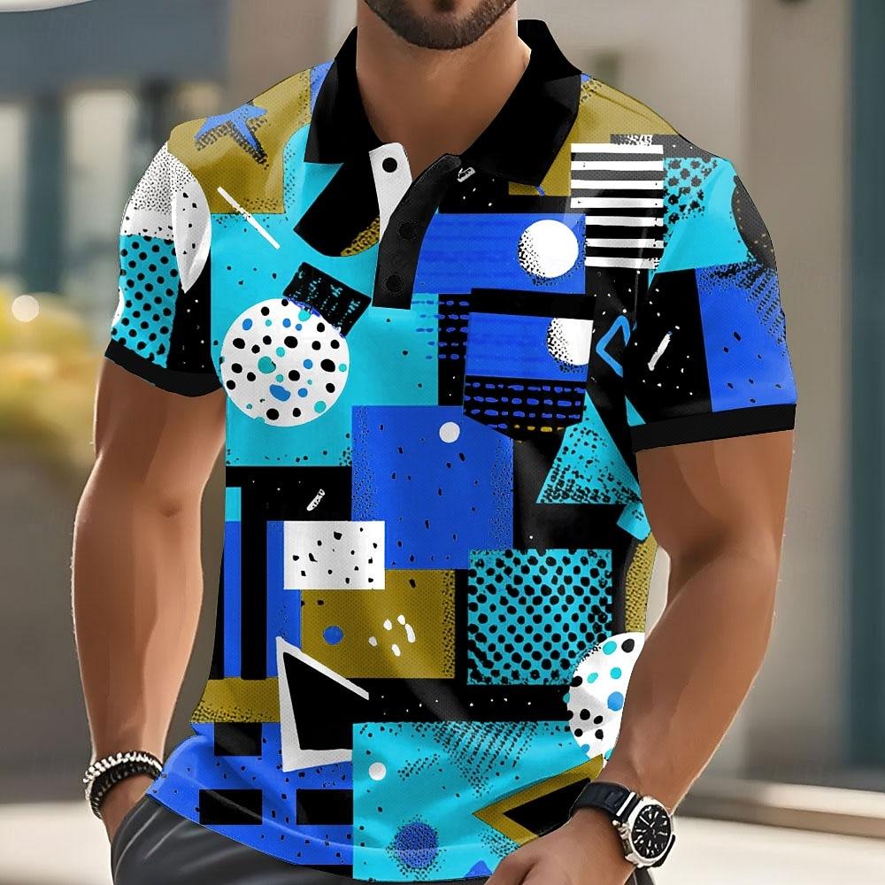 Mens Short Sleeve Polo Shirt Polyester Breathable Summer Fashion Versatile Printed Lapel Mens