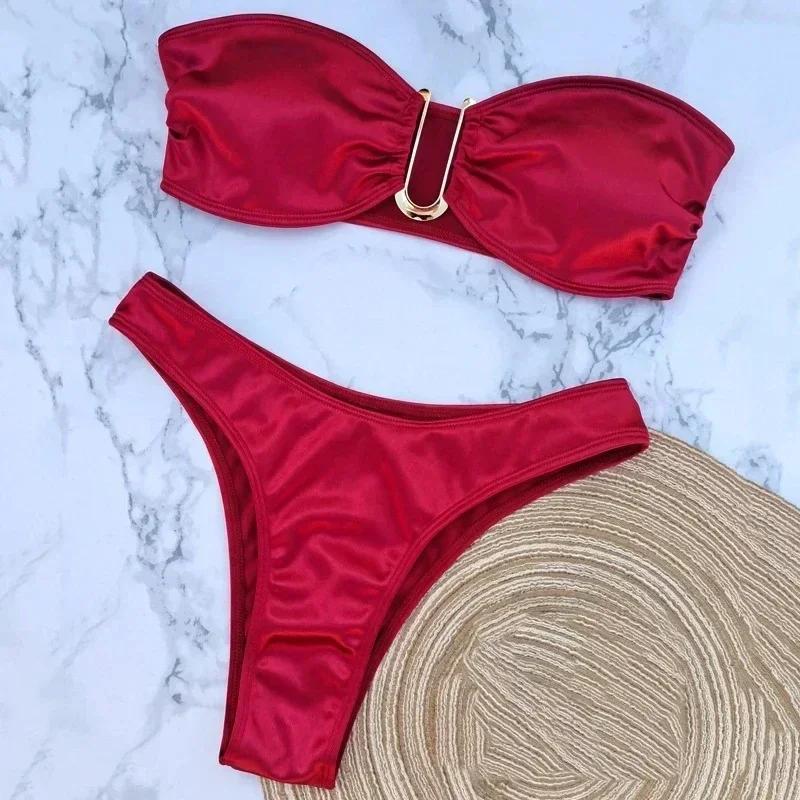 Sexy U Shaped Bandeau Bikinis Sets Mujer Strapless Swimwear Women Gold Swimsuit Bathing Suit