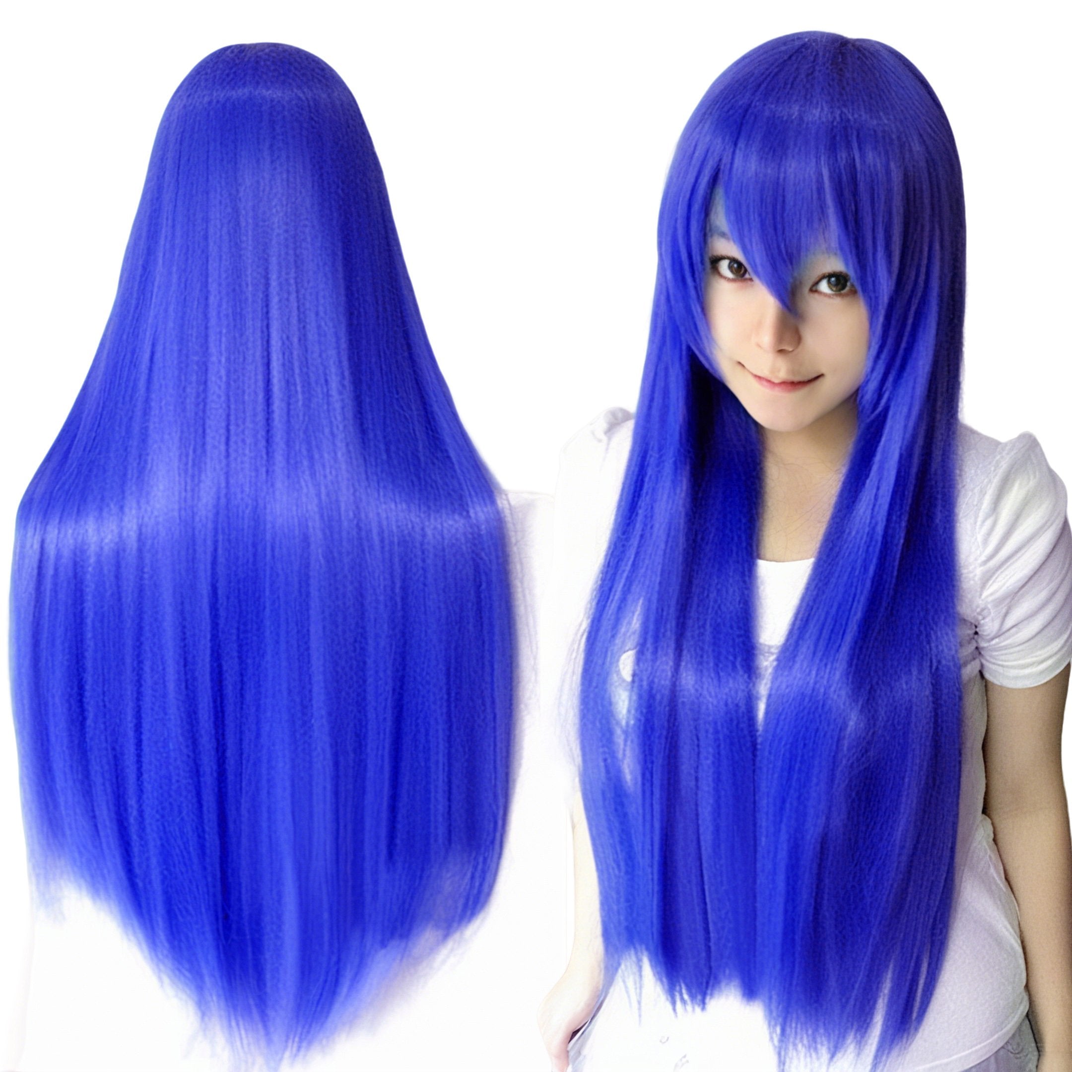80cm Straight Synthetic Cosplay Wig White Purple Green Silver Pink Lolita Hairpiece with Bangs Long
