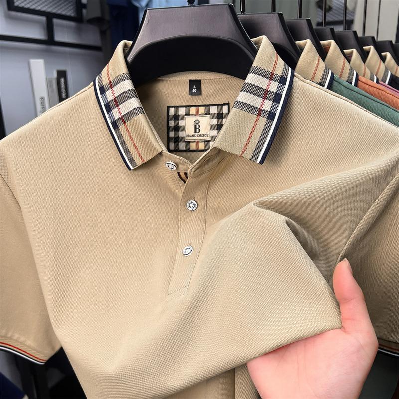 Fashion brand luxury short sleeve polo shirt men summer quality silky cotton breathable business