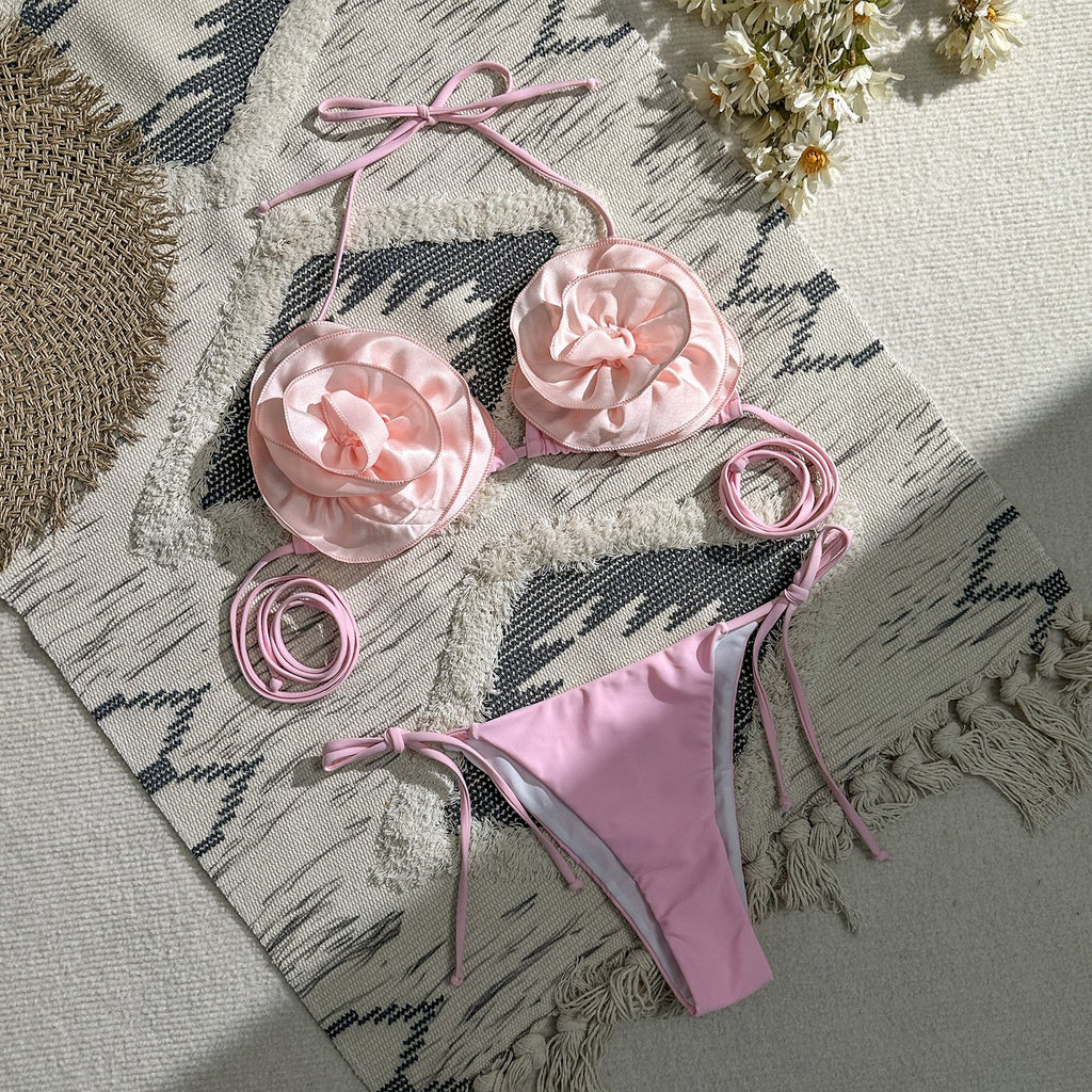 2026 Sexy 3D Flower Halter Neck Lace Up Brazilian Thong Bikinis Set for Women Summer Swimewear