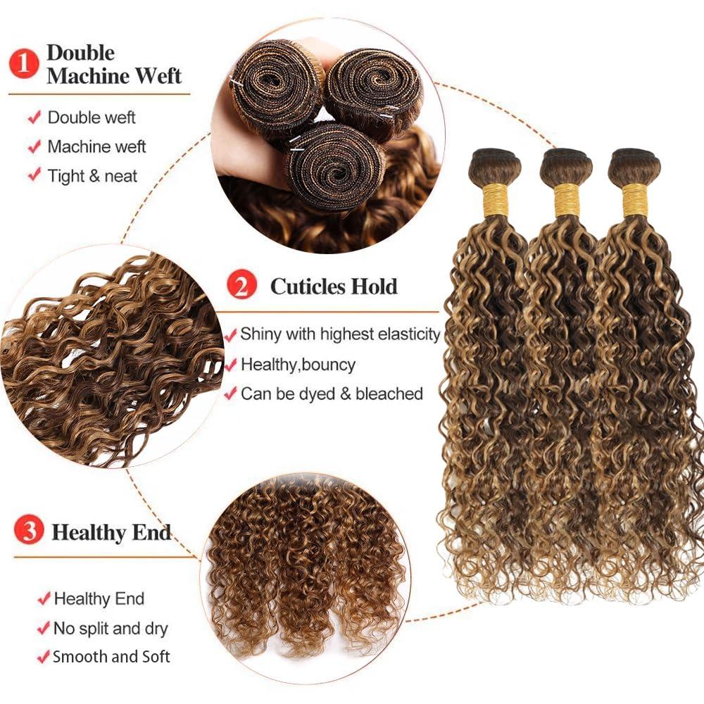 P4/27 Curly Wave Bundles Human Hair Highlight Dark Brown and Honey Blonde Piano Color Mix Brazilian