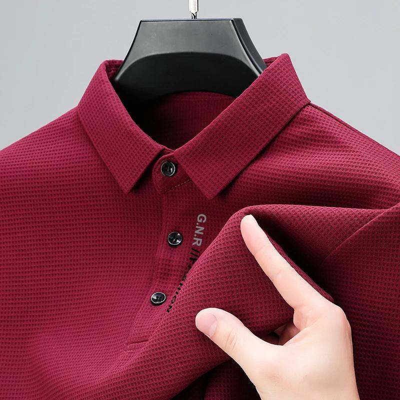 Mens Waffle Long Sleeved POLO Shirt with Letter Printed Lapel Casual Top