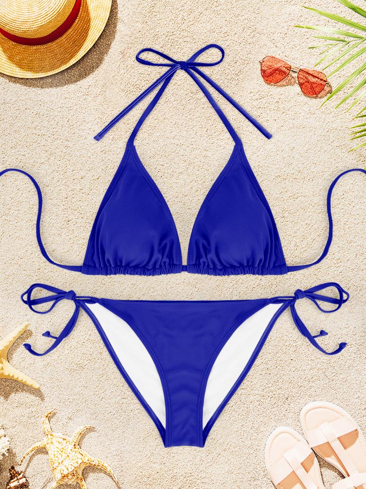2Pcs Sexy Bikini Swimsuit For Women Solid Color Swimwear Summer Bathing Suits Females Backless