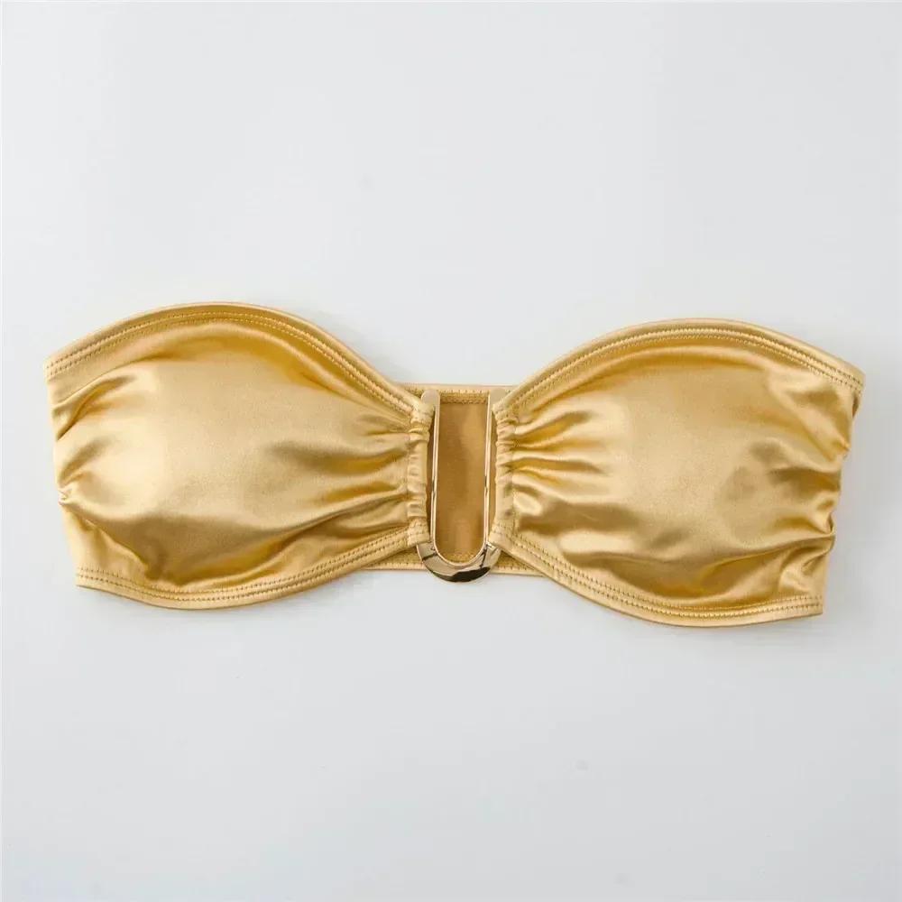 Sexy U Shaped Bandeau Bikinis Sets Mujer Strapless Swimwear Women Gold Swimsuit Bathing Suit