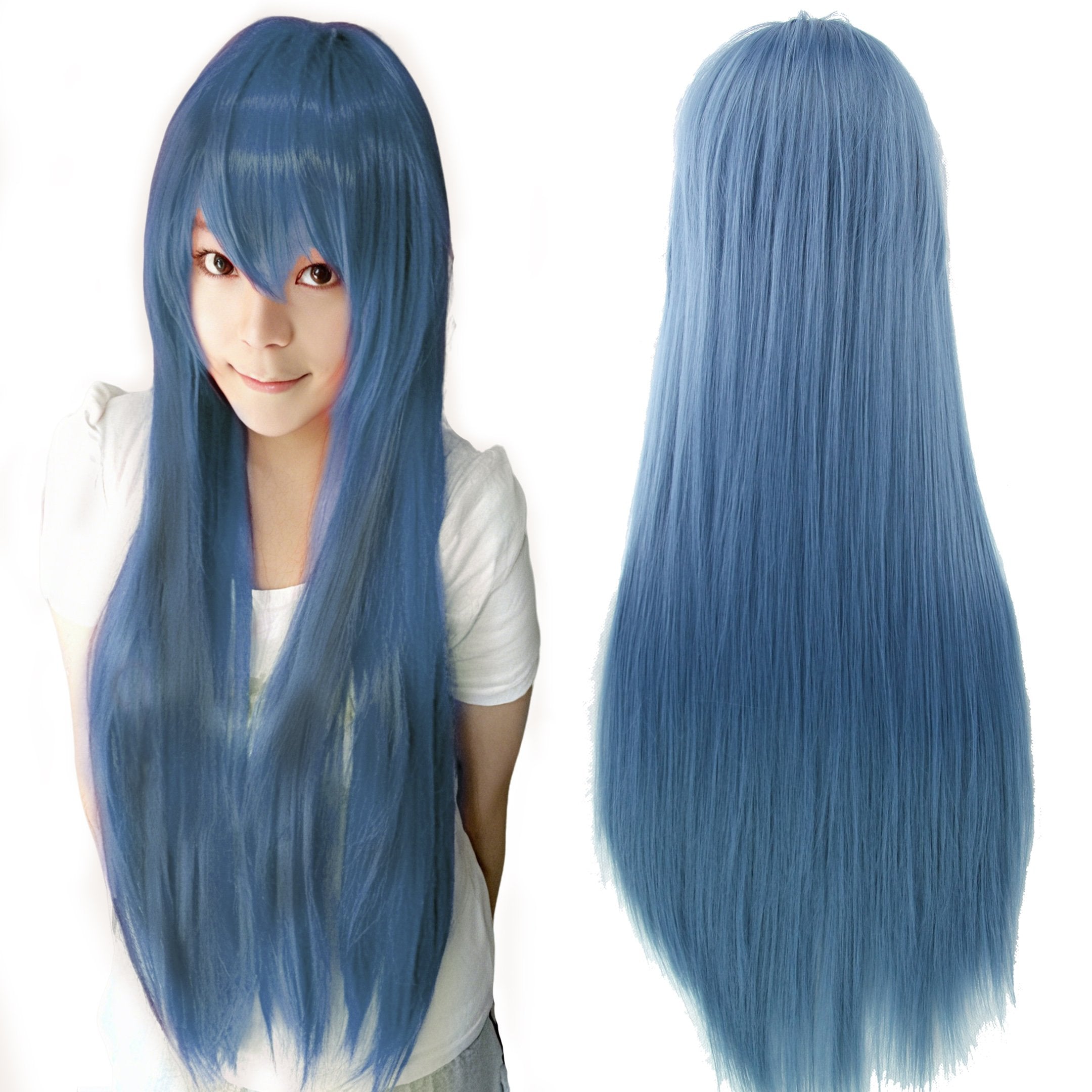 80cm Straight Synthetic Cosplay Wig White Purple Green Silver Pink Lolita Hairpiece with Bangs Long