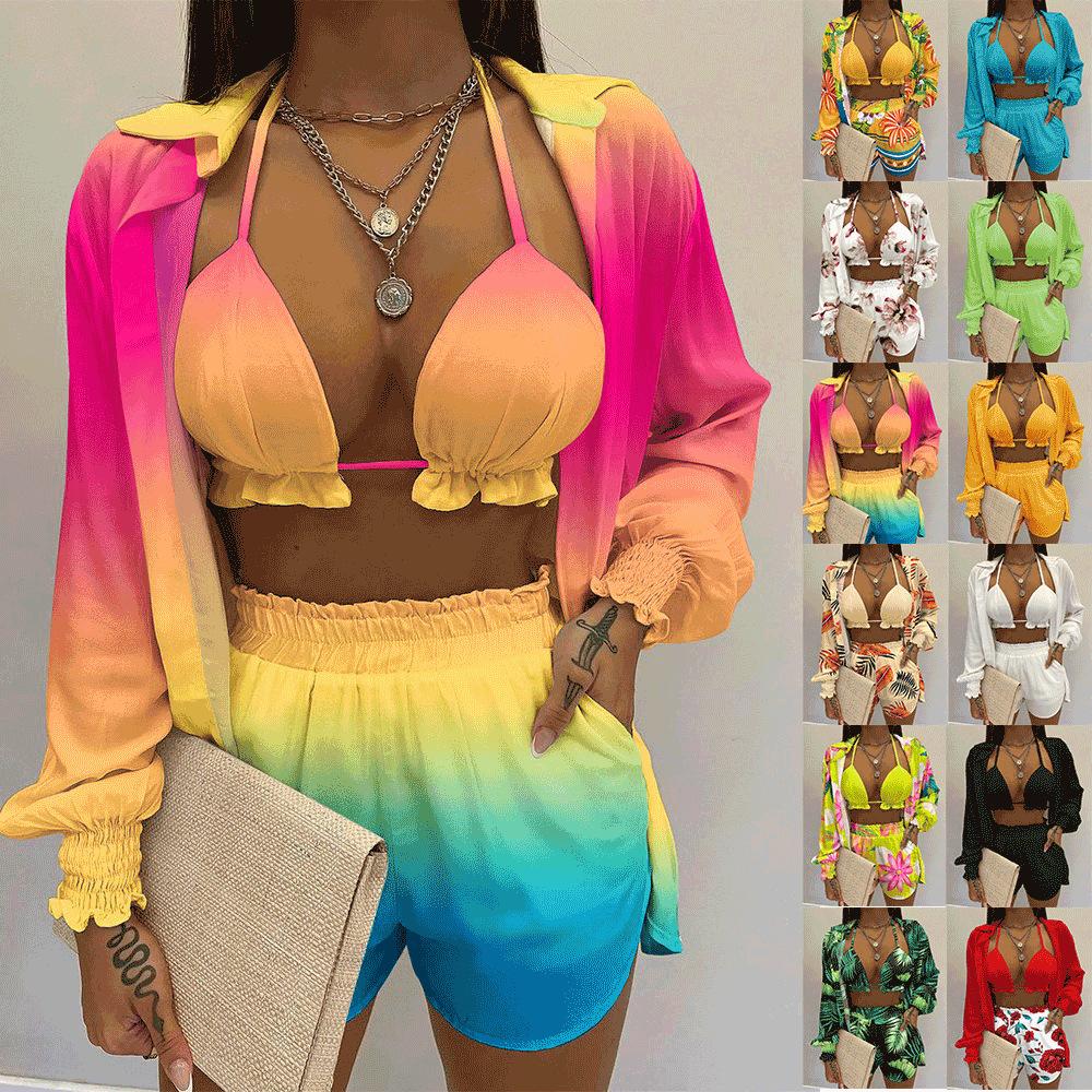 2026 New Bathing Suit Shorts Cover Up Summer Three Pieces Swimwear Sexy Beachwear High Waist Bikini