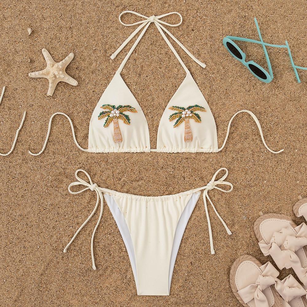 Beading Coconut Tree Ornament Swimwear Halter String Triangle Sexy Bikinis Sets Micro Thong Swimsuit