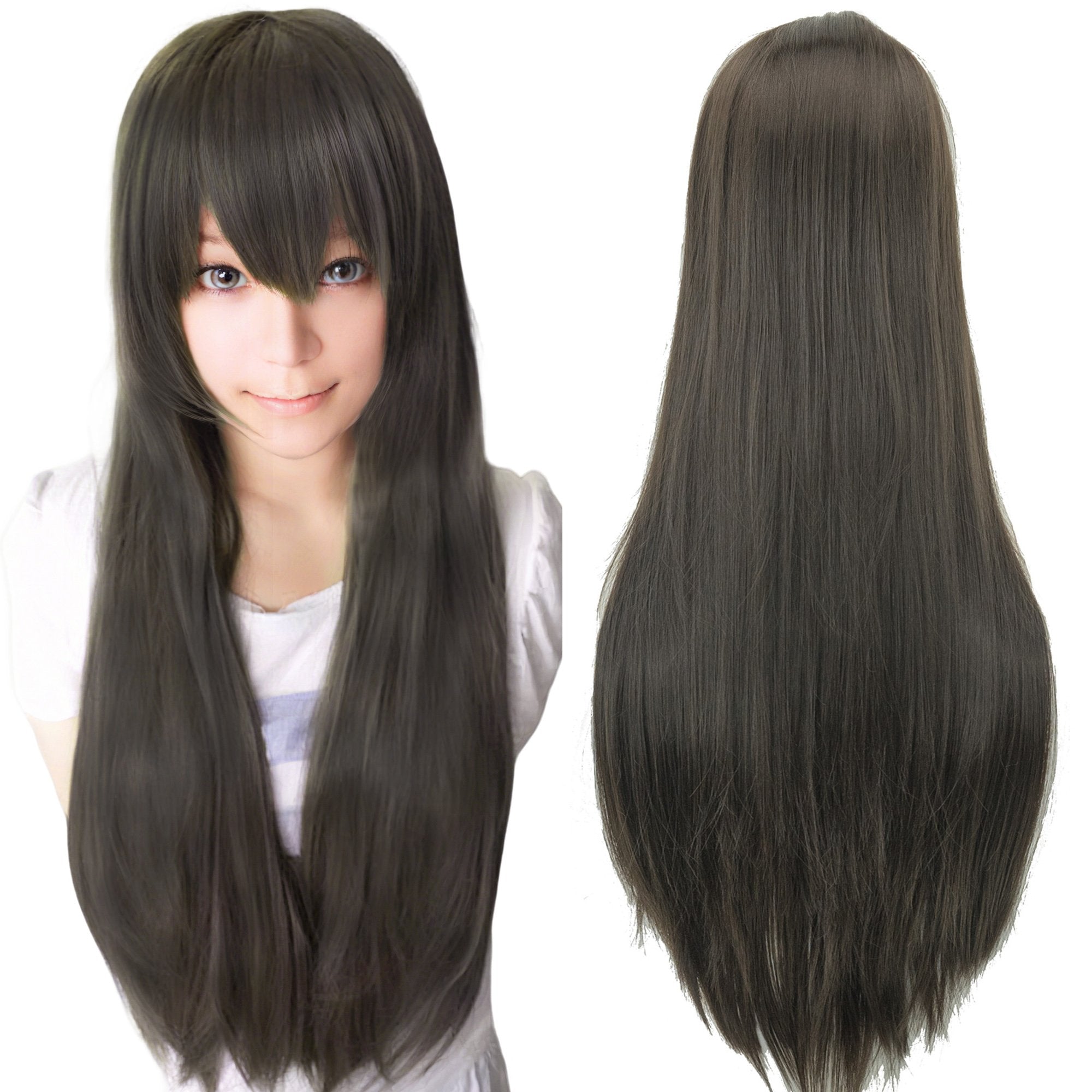 80cm Straight Synthetic Cosplay Wig White Purple Green Silver Pink Lolita Hairpiece with Bangs Long