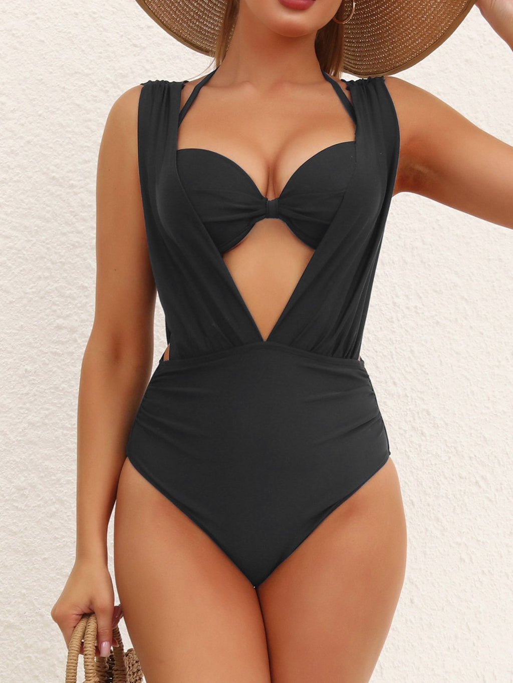 Sexy Pleate High Waist Bikinis Sets Women Black Front Bow Push Up Underwire Two Piece Swimsuit 2026