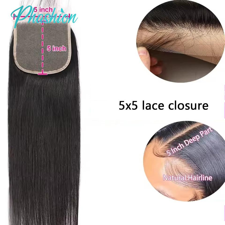 Phashion 24 26 Inch 5x5 4x4 Straight Lace Closure Only Pre Plucked Long Full Swiss Transparent Lace