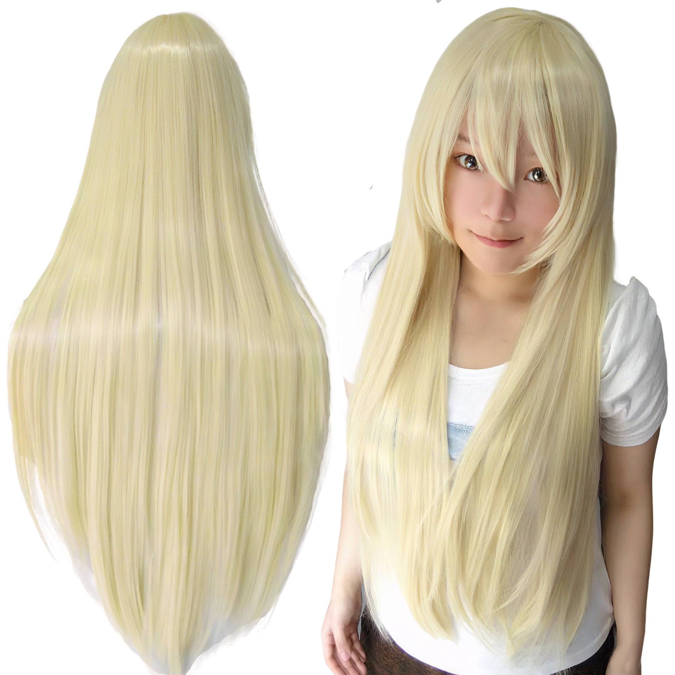 80cm Straight Synthetic Cosplay Wig White Purple Green Silver Pink Lolita Hairpiece with Bangs Long