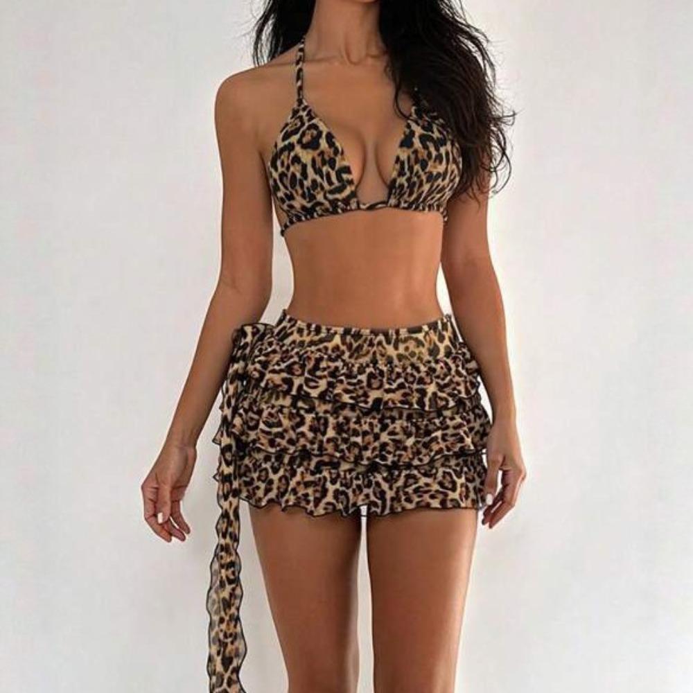 Leopard Print 3-Piece Bikini Set for Women Sexy Swimsuit Beach Party Swimwear Summer Tankini Beach