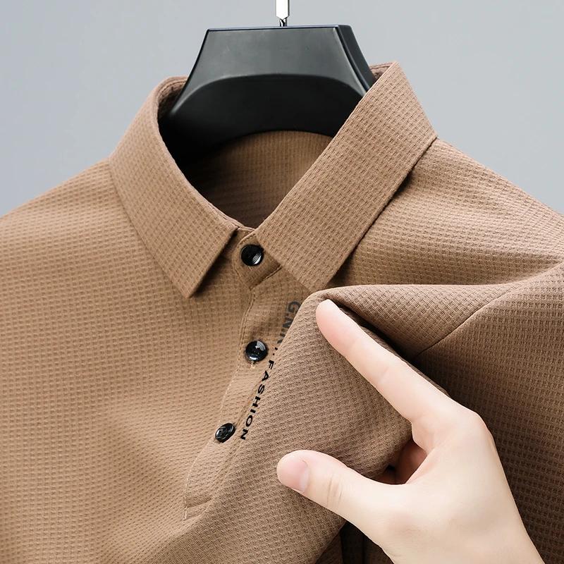 Mens Waffle Long Sleeved POLO Shirt with Letter Printed Lapel Casual Top