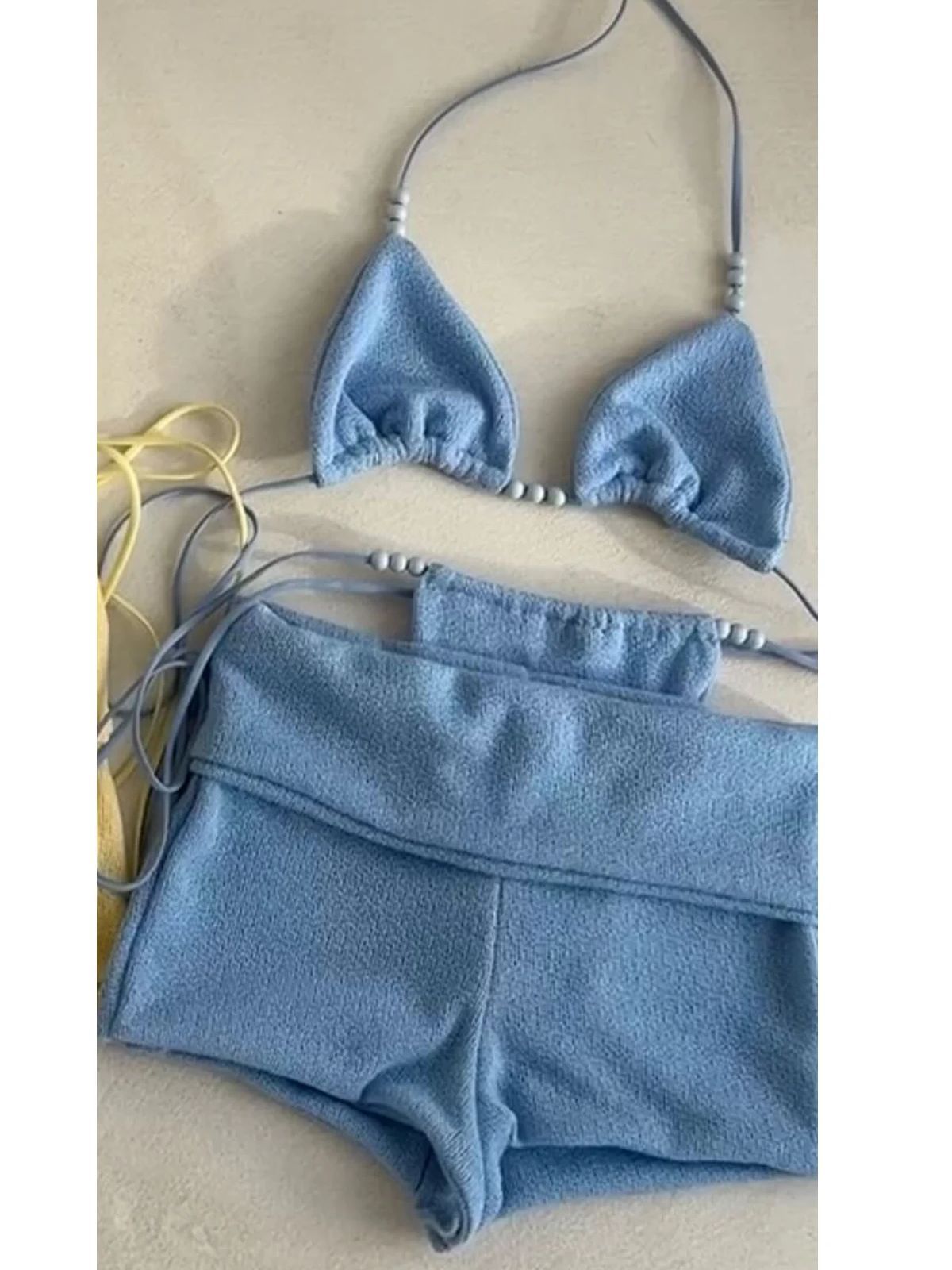 Bikini with Pants Swimwear Women Sexy Halter Tie Knot Two-Piece Bikini Set Soild Swimsuit Shimmer