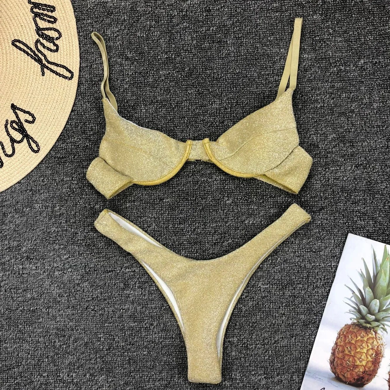 Sexy Silver Glitter Bikini 2026 Swimwear Women Push Up Cut Out Underwire Thong Swimsuit Summer