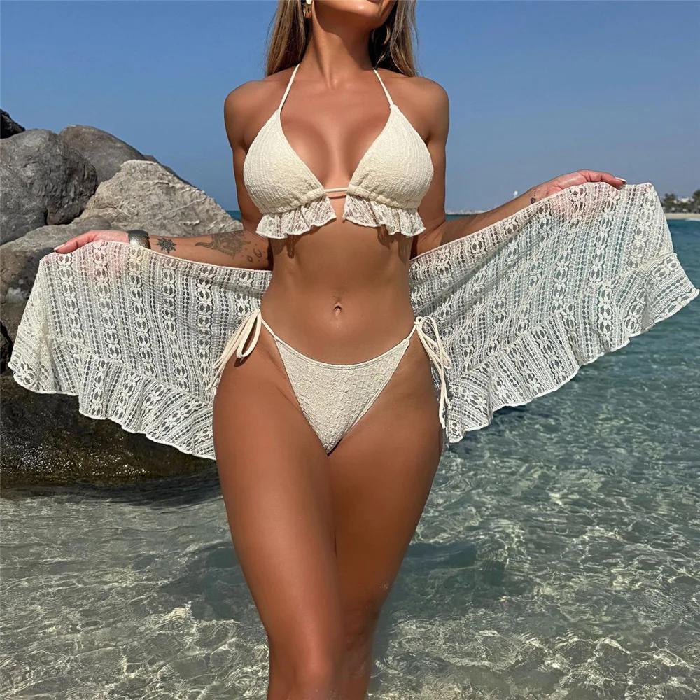 Halter String Triangle 3 Piece Bikini Set Beige Lace Mesh Sexy Swimsuit Women 2026 Cover Up Swimwear