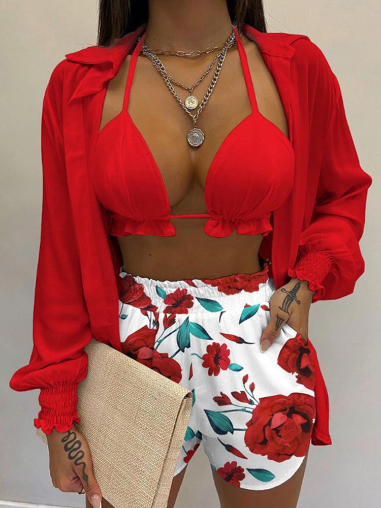 2026 New Bathing Suit Shorts Cover Up Summer Three Pieces Swimwear Sexy Beachwear High Waist Bikini