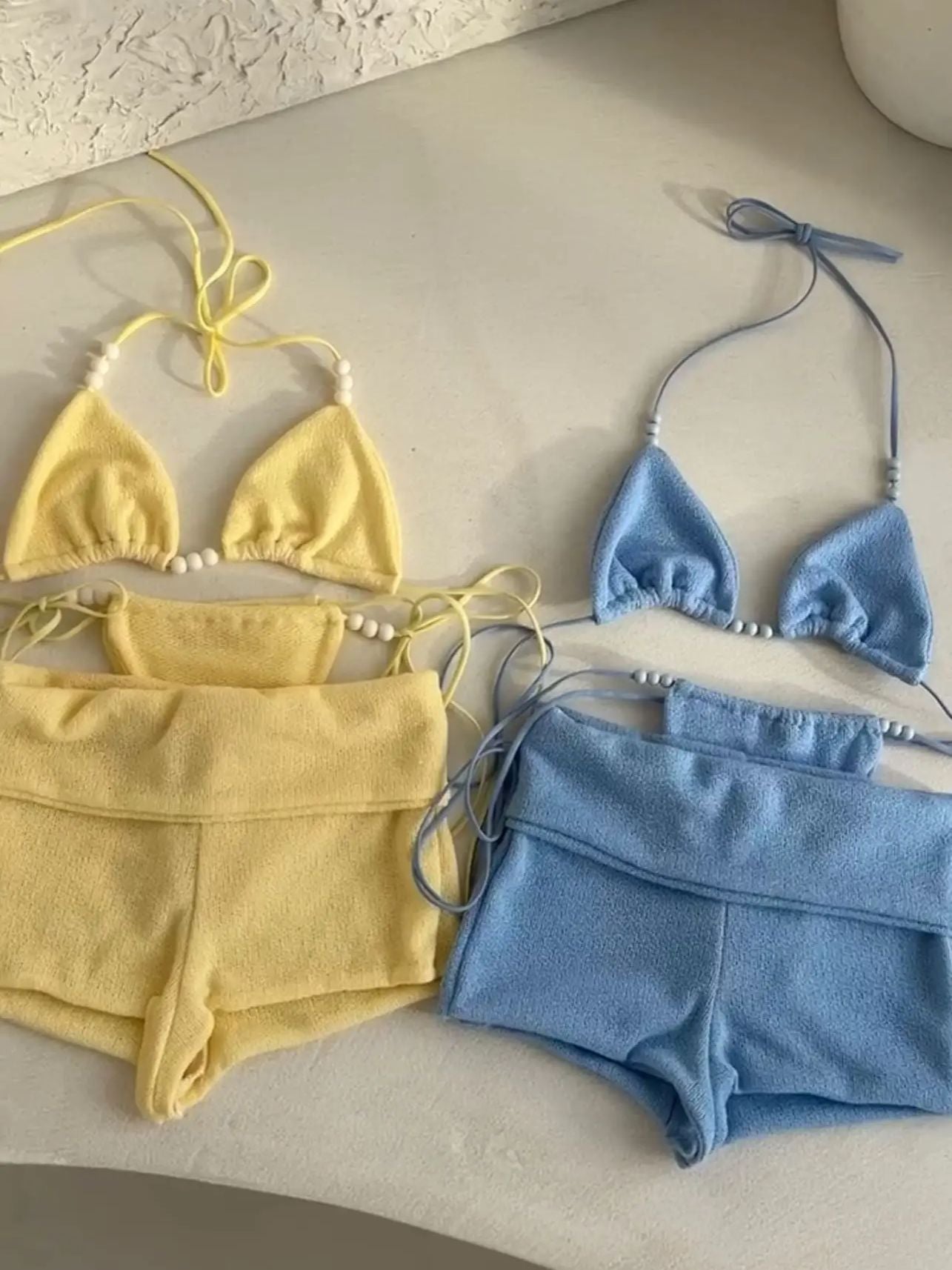Bikini with Pants Swimwear Women Sexy Halter Tie Knot Two-Piece Bikini Set Soild Swimsuit Shimmer