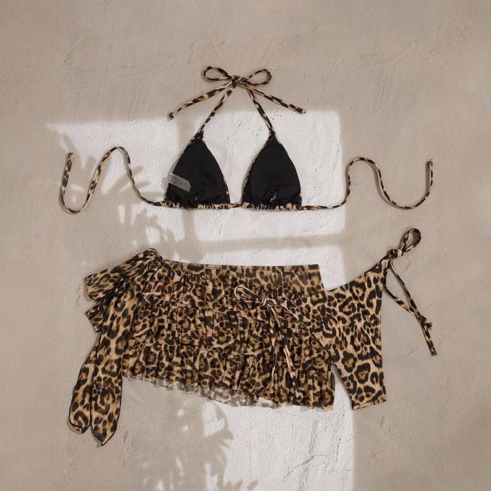 Leopard Print 3-Piece Bikini Set for Women Sexy Swimsuit Beach Party Swimwear Summer Tankini Beach