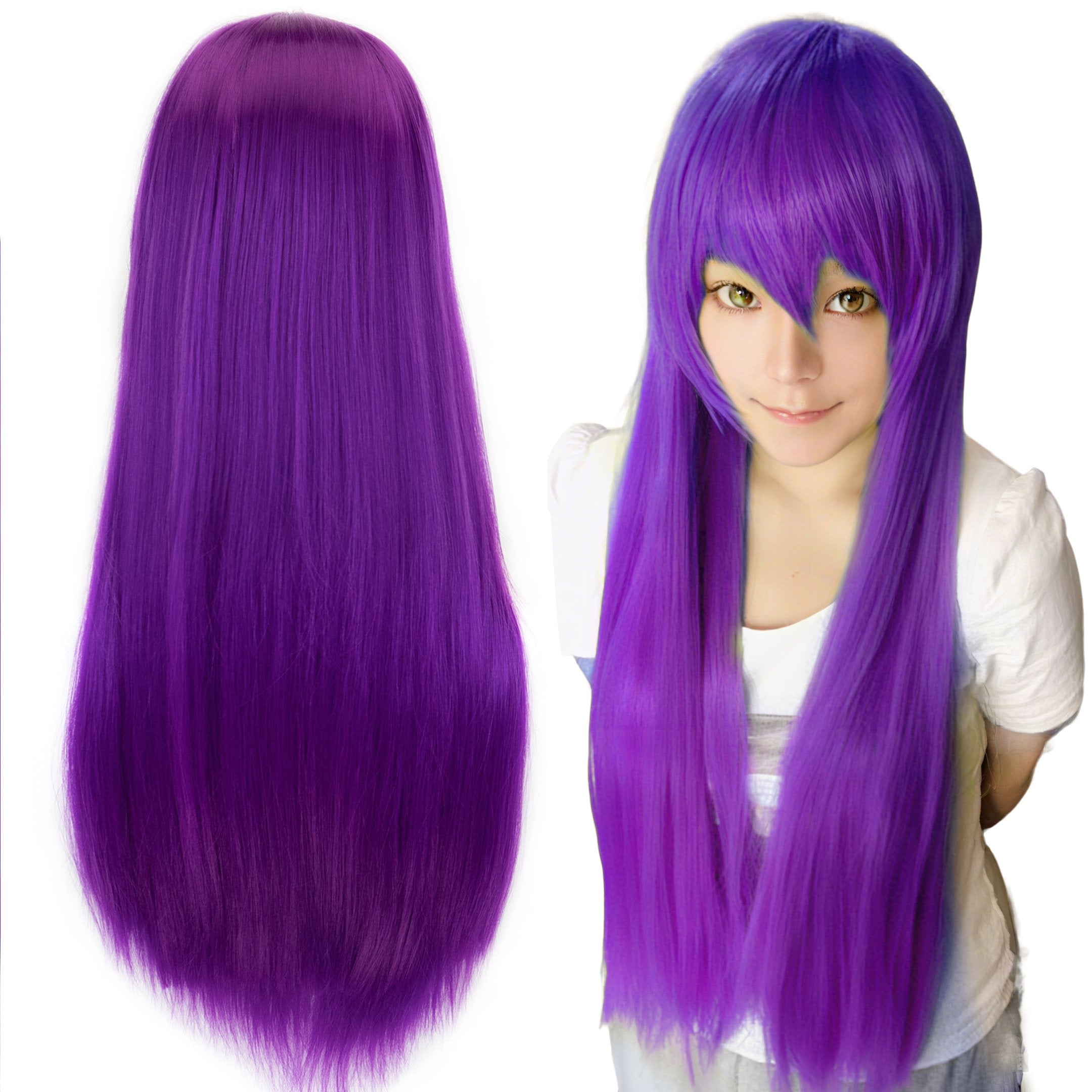 80cm Straight Synthetic Cosplay Wig White Purple Green Silver Pink Lolita Hairpiece with Bangs Long