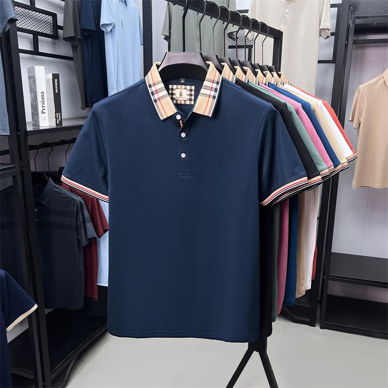 Fashion brand luxury short sleeve polo shirt men summer quality silky cotton breathable business