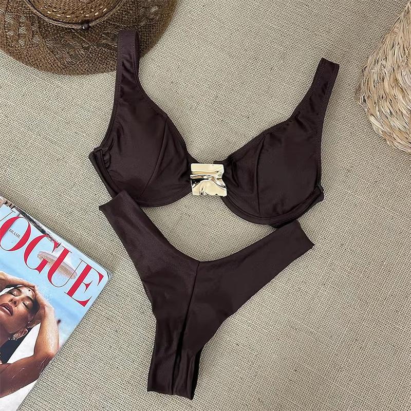 Sexy Black White Bikini Set 2026 Women Metal Ornament Push Up Underwire Bra Thong Swimsuit Beach