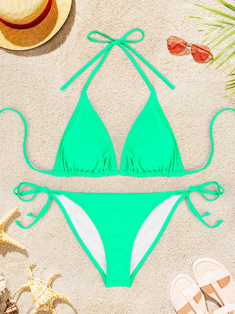 2Pcs Sexy Bikini Swimsuit For Women Solid Color Swimwear Summer Bathing Suits Females Backless
