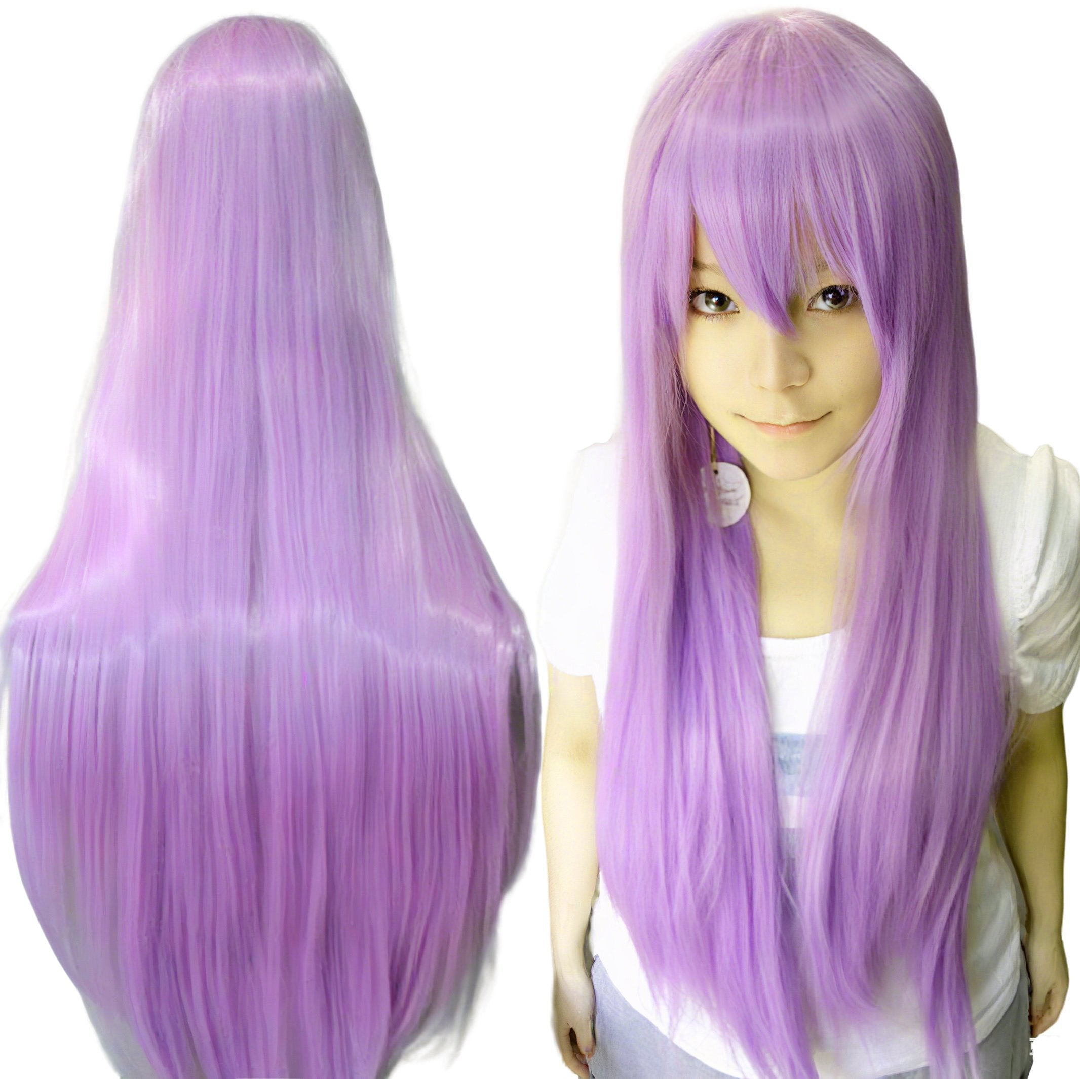 80cm Straight Synthetic Cosplay Wig White Purple Green Silver Pink Lolita Hairpiece with Bangs Long