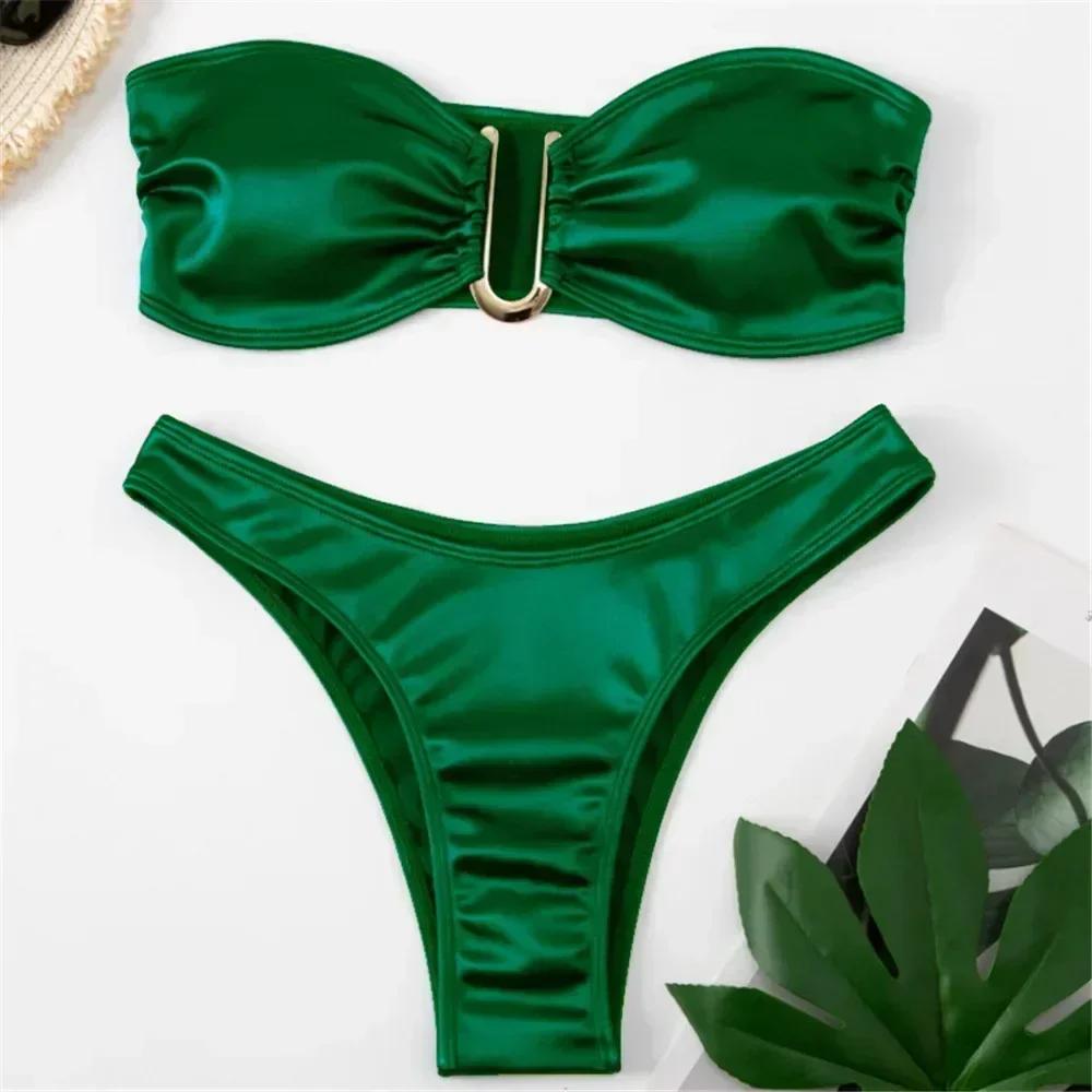 Sexy U Shaped Bandeau Bikinis Sets Mujer Strapless Swimwear Women Gold Swimsuit Bathing Suit