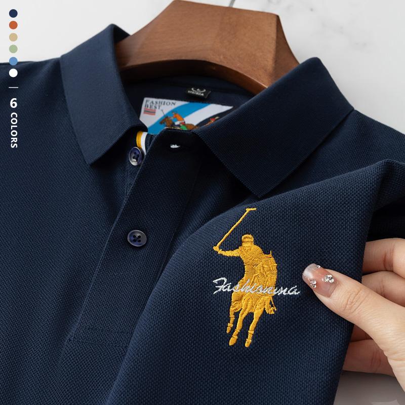 Luxury Embroidery Mens Polo Shirt Summer Thin Breathable 100Cotton Black Navy Blue Lapel