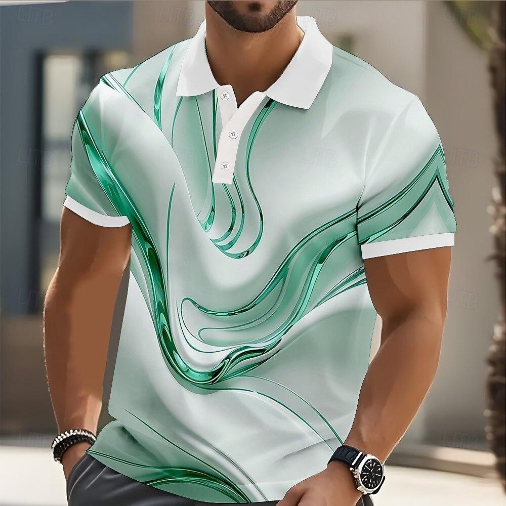 Mens Abstract Geometric Polo Short Sleeve Shirts Lapel Business Casual Athleisure Daily Wear 3D