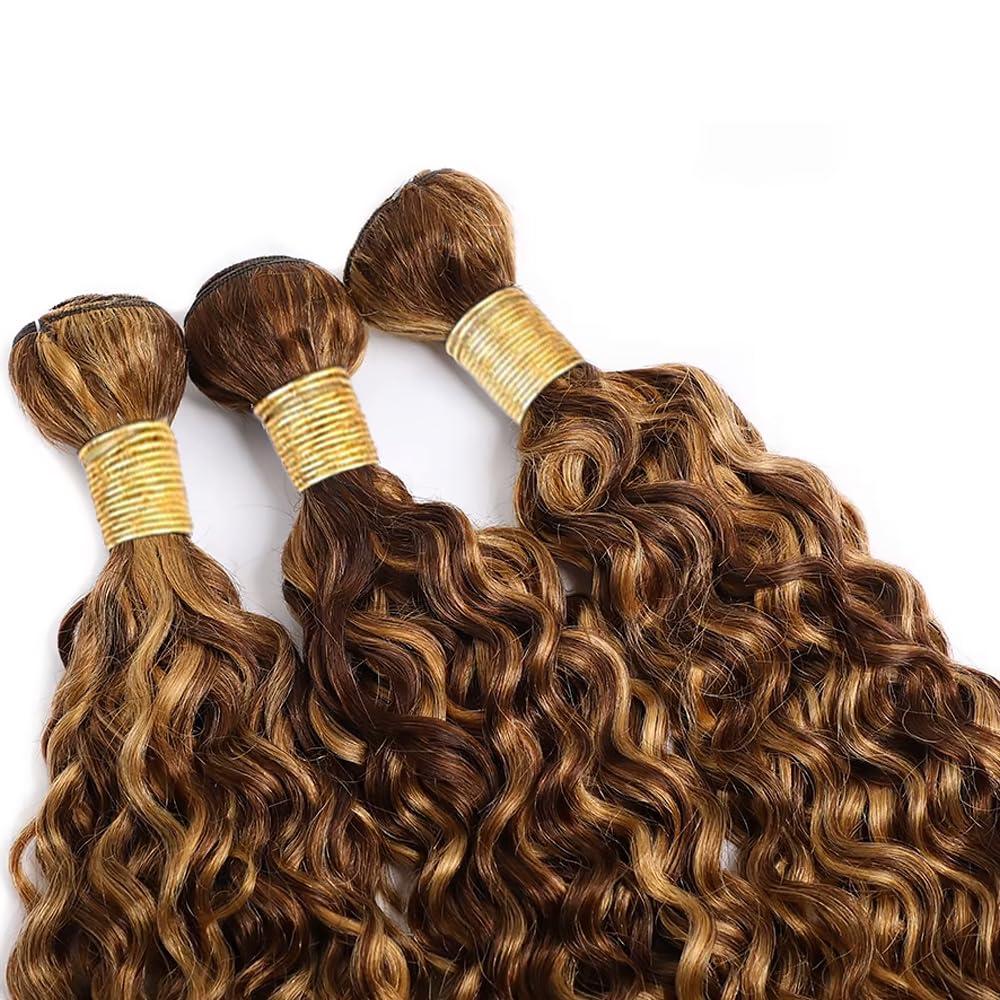 P4/27 Curly Wave Bundles Human Hair Highlight Dark Brown and Honey Blonde Piano Color Mix Brazilian