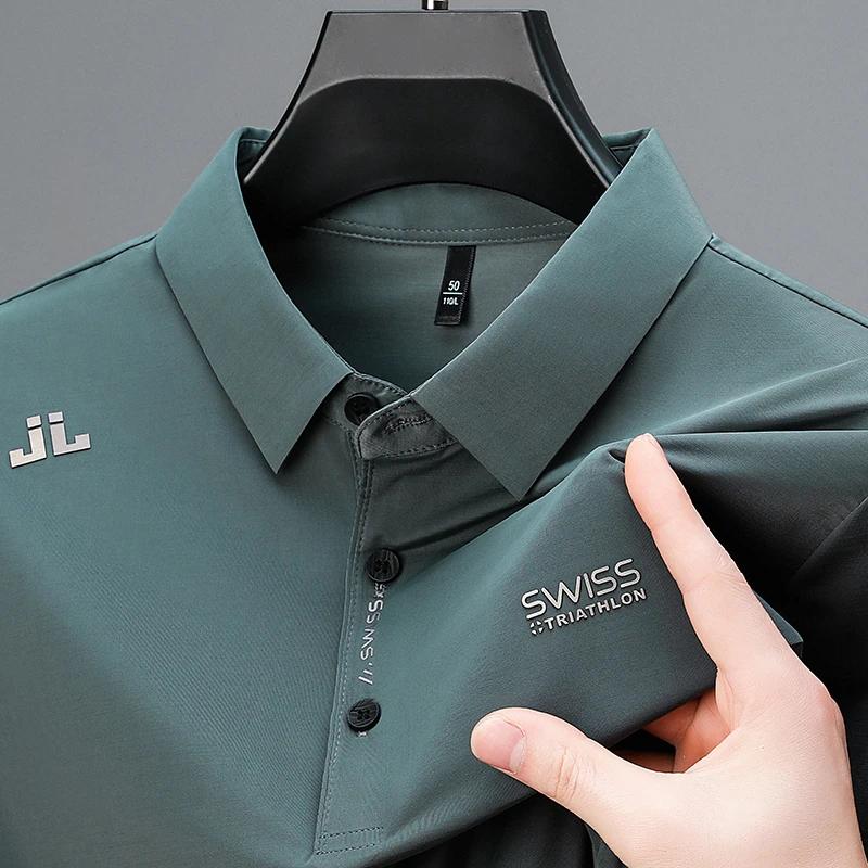 New Mens Business Casual Short Sleeved Shirt with Badge Solid Color Polo Shirt Fashionable