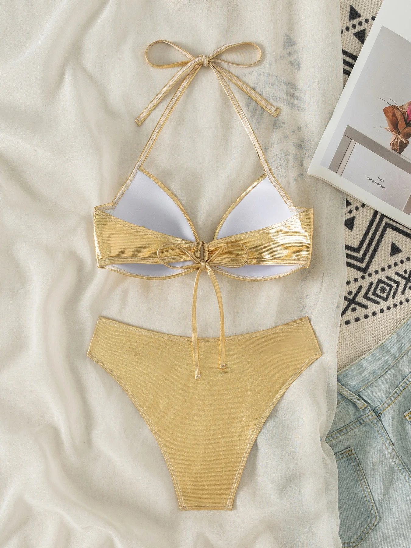 Shiny Gold Bikinis Sets Women Sexy Push Up Cross Bra High Waist Swimsuit 2026 Summer Bathing Suit