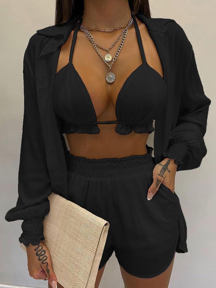 2026 New Bathing Suit Shorts Cover Up Summer Three Pieces Swimwear Sexy Beachwear High Waist Bikini